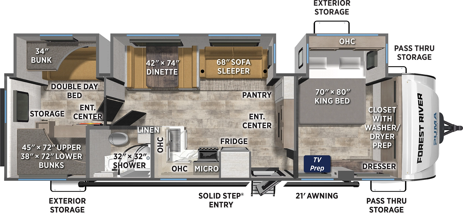 The Puma Tracks 3200TSBH floorplan has one entry and three slide outs. Exterior features include: fiberglass exterior and 21' awning. Interiors features include: bunk beds and front bedroom.
